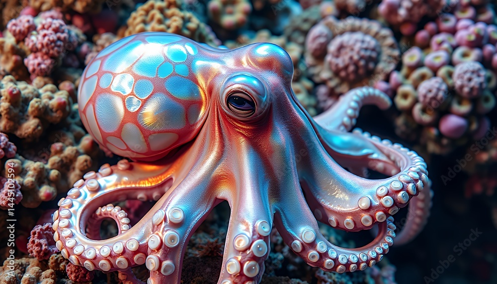 Pink Metallic Octopus Amidst Vibrant Coral Reefs Marine Underwater Scene Close Up View Perfect for Decoration