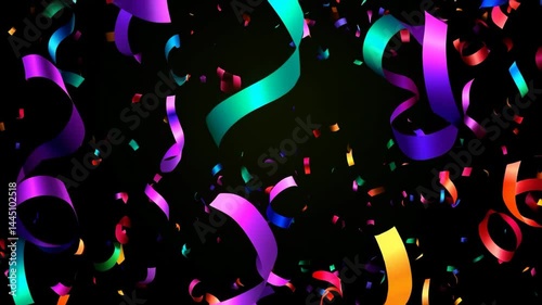Vibrant confetti raining down on dark background, generating festive celebration mood for special event graphics, party decorations, and holiday-themed designs Colorful confetti and ribbons falling