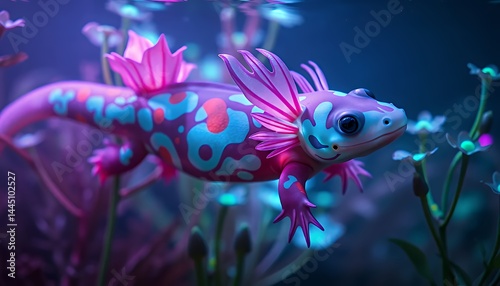 Obraz na płótnie Pink And Blue Spotted Salamander Swimming Among Glowing White Flowers In Fantasy Underwater Digital Art w salonie