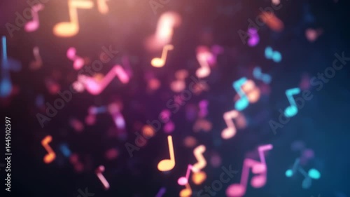 Musical notes swirling, dancing against deep midnight background, representing sonic energy, melodic movement, rhythmic creativity in vibrant graphic composition, melody, lively rhythm