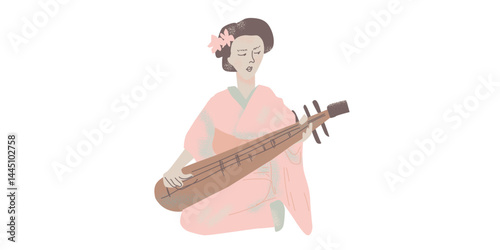 Spring illustration with geisha drawn in vector graphics on white isolated background. Japanese illustration in fllet style. Designs for greeting cards, stickers, posters.