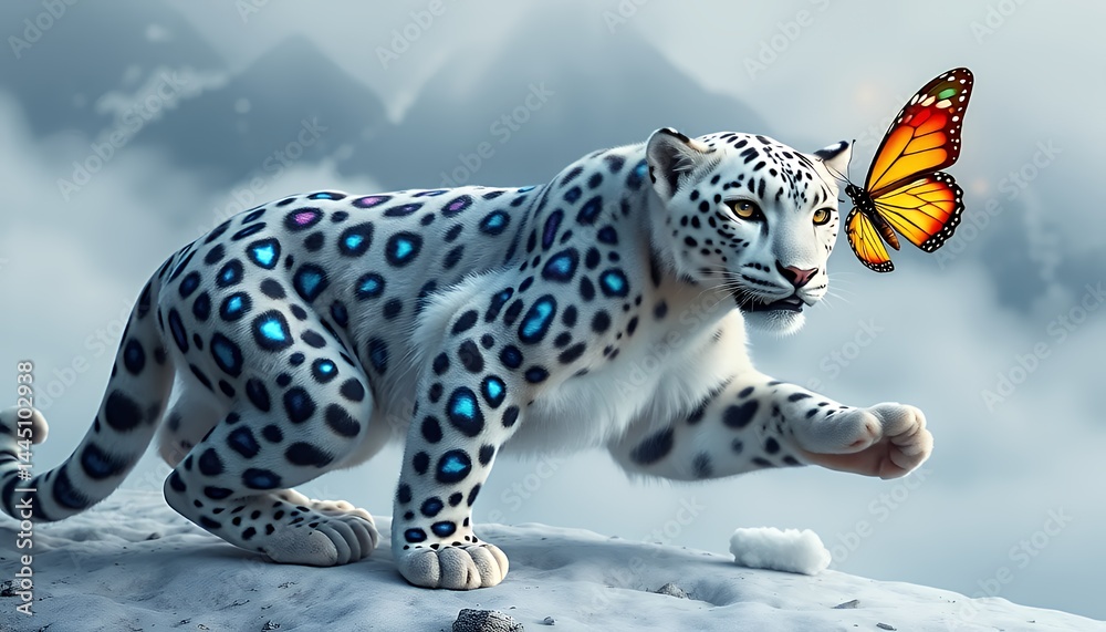 Snow Leopard Catching a Butterfly on Snowy Mountain Peak a High Angle Wildlife Scenery Winter and Mountain Landscape Illustration