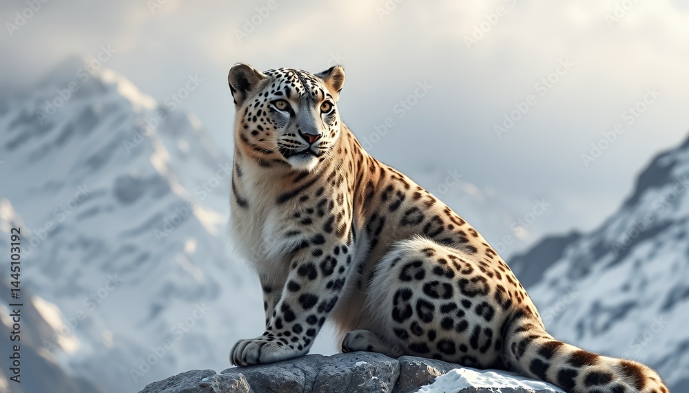 Snow Leopard Sitting On Rock Overlooking Snowy Mountain Range In Nature On Overcast Day Detailed Fur Optimized For Stock Photo