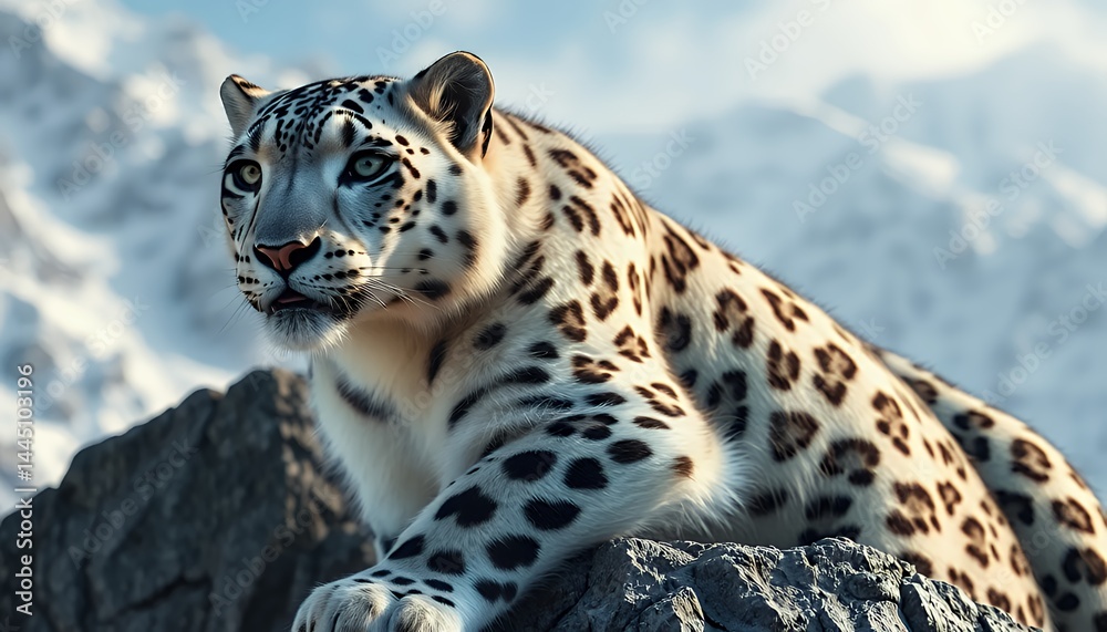 Snow Leopard Resting Regally on a Rocky Mountain with Snow Capped Peaks During Winter Wildlife and Animal Theme, Eye Level Shot with Soft Lighting Highlighting Leopard Details