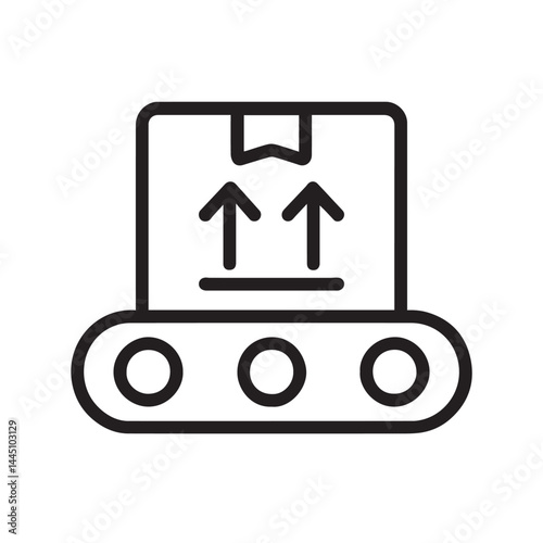 Conveyor Belt and Package: A simple icon of a conveyor belt carrying a package with an upward arrow, suggesting the movement of goods and logistics, perfect for business or industry use.