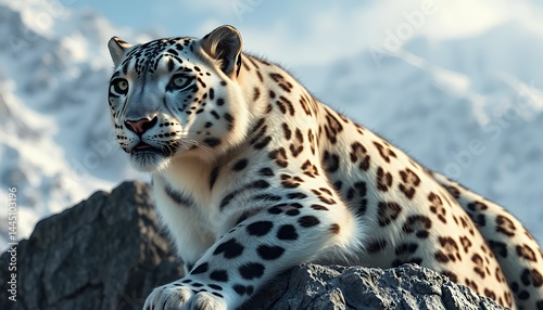 Obraz na płótnie Snow Leopard Resting Regally on a Rocky Mountain with Snow Capped Peaks During Winter Wildlife and Animal Theme, Eye Level Shot with Soft Lighting Highlighting Leopard Details w salonie