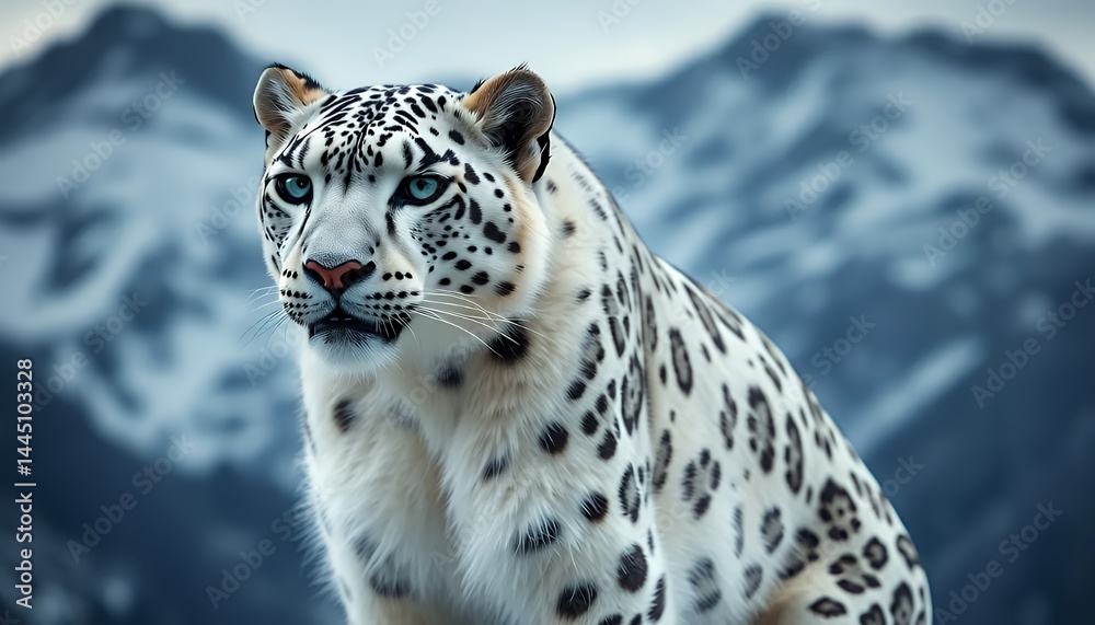 Obraz premium Snow Leopard with Blue Eyes in Snowy Mountain Wildlife Habitat Detailed Fur and Camouflage and Natural Mountain Backdrop and Winter Environment Portrait