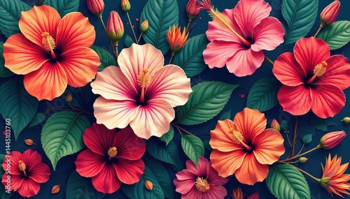 Bold, stylized hibiscus blooms, vibrant repeat print, summer, modern