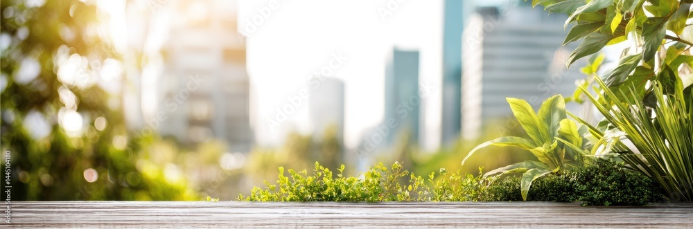 Cityscape and Greenery on a Wooden Surface Cityscape and Greenery on a Wooden Surface