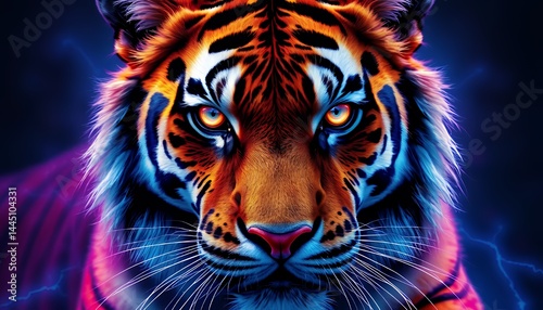 Vibrant Neon Tiger Portrait with Glowing Eyes and Electric Lightning Strikes in Dark Background, Showing Illustration of Fur Stripes for Decoration or Digital Art Projects