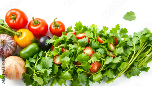 Green salad ingredients on white background. Healthy food concept. Copy space, isometry. with white shades © Lola