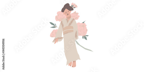 Spring illustration with geisha drawn in vector graphics on white isolated background. Japanese illustration in fllet style. Designs for greeting cards, stickers, posters.