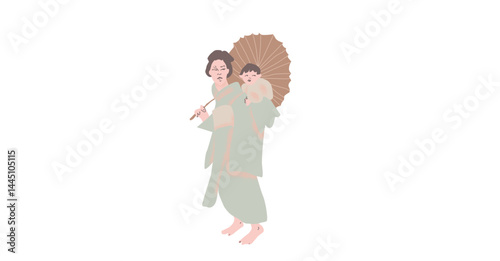 Spring illustration with geisha drawn in vector graphics on white isolated background. Japanese illustration in fllet style. Designs for greeting cards, stickers, posters.
