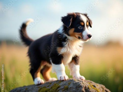 Cachorro de Border Collie aventurero trepa una pequeña roca, decidido a explorar el mundo más allá