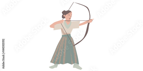 Spring illustration with geisha drawn in vector graphics on white isolated background. Japanese illustration in fllet style. Designs for greeting cards, stickers, posters.