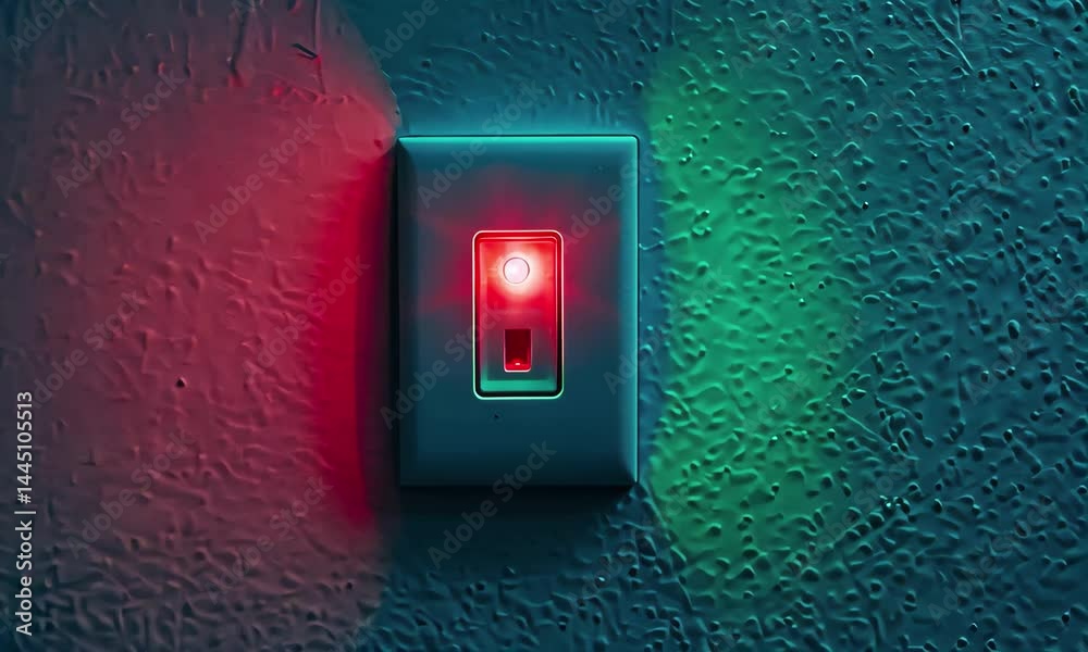 The light switch features a red indicator light while a green glow surrounds it, creating an atmospheric effect on the blue textured wall in dim lighting.