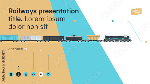 Freight rail transportation. A cover for a presentation, annual report, website, brochure, booklet, and the like