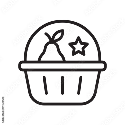 Shopping Basket Icon:  A simple,  line art illustration depicting a shopping basket filled with a pear and a star. Perfect for web design, mobile apps, or presentations, symbolizing consumerism.
