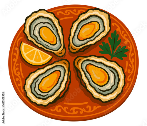 Top view, closeup oysters. Restaurant oyster dish, gourmet food. Presentation with piece of lemon and parsley