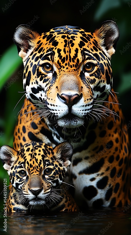 Obraz premium Majestic jaguar mother and cub in dark, lush foliage