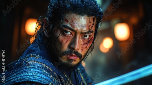 Warrior poised for battle, showcasing fierce emotion and drama