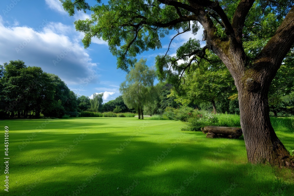Fototapeta premium Green Field Under Sky with Trees