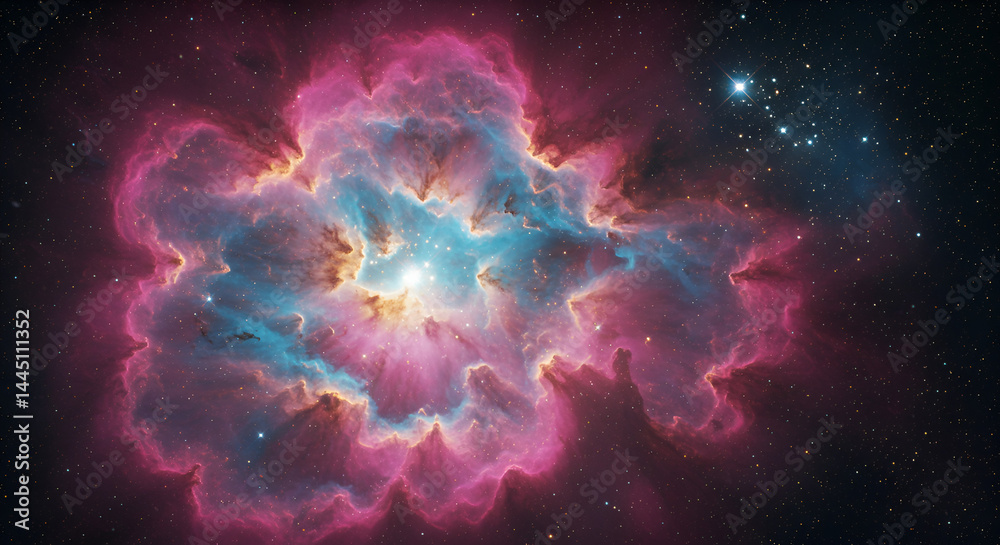Colorful nebula with vibrant hues, swirling clouds of gas and dust, and distant stars