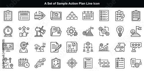 Action Plan Line Icon Vector Set, Strategy Task Goal Graphics