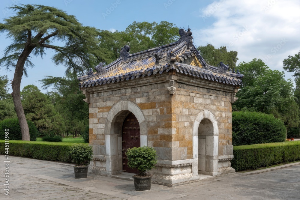 Intricate architecture featuring a small building with an ornate roof and arched doorway surrounded Intricate architecture featuring a small building with an ornate roof and arched doorway surrounded