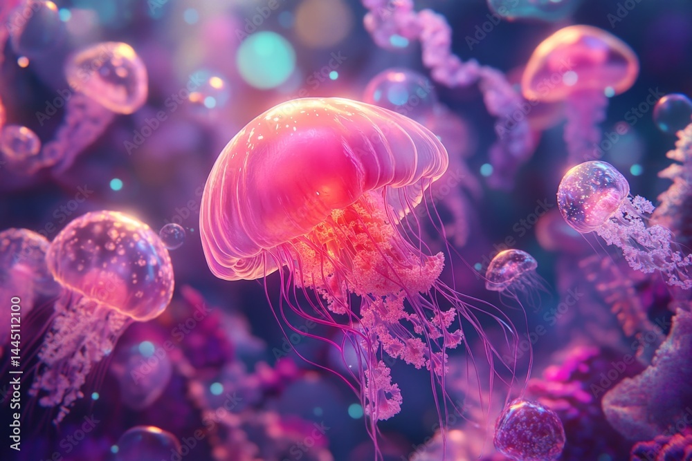 Pink jellyfish in vibrant underwater scene Pink jellyfish in vibrant underwater scene