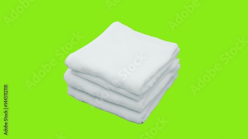 Soft white towels cascading against vivid greenscreen chroma key background. cleanliness, freshness, and textile. Motion design element for for showcasing laundry, hygiene, or spa concepts