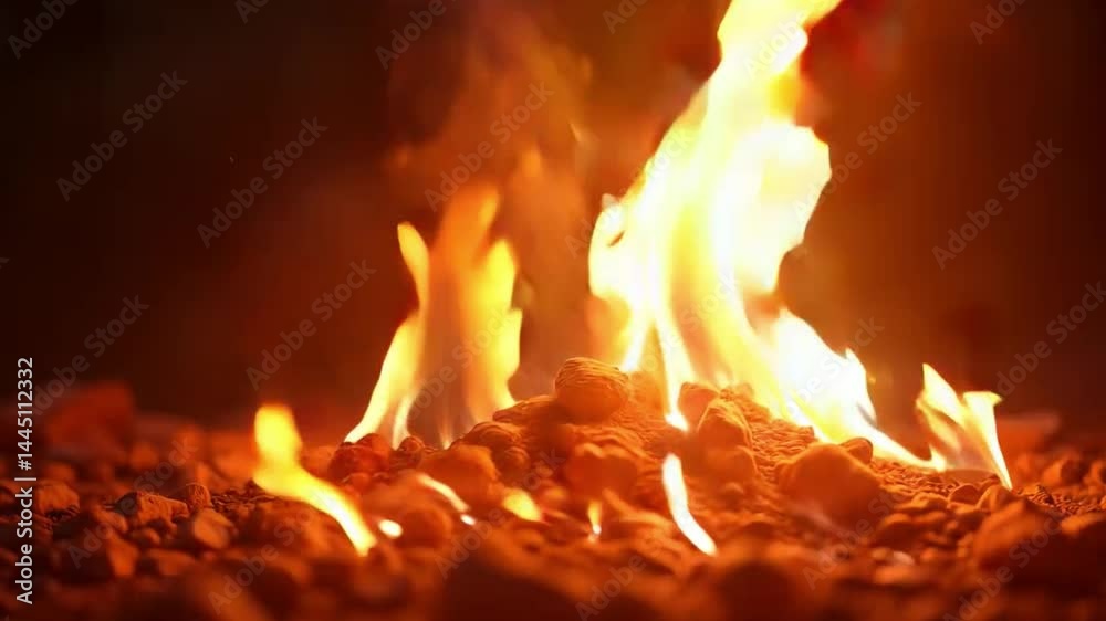 Burning flames gracefully dancing over coal, creating a mesmerizing and warm environment Burning flames gracefully dancing over coal, creating a mesmerizing and warm environment