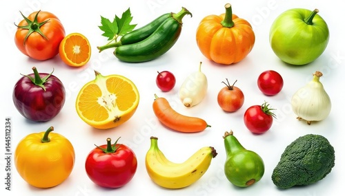 Variety of organic fruits and vegetables isolated on white, unprocessed, healthy
