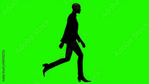 Professional businesswoman silhouette striding/walking confidently across green screen chroma key backdrop, digital compositing, design layout isolated cut out motion graphics element.