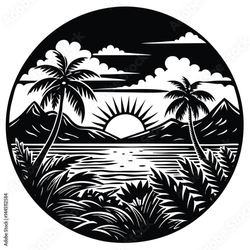 Silhouette Tropical Landscape with Palm Trees, Mountains, Clouds, and Sea at Sunset