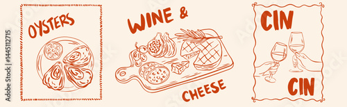 Hand draw La Dolce vita lifestyle illustrations. Picnic in french or italian style with wine, charcuterie, cheese, oyster. Chalk charcoal style drawing for poster, placard or print