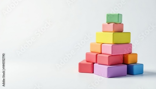 Group of colorful stacked blocks forming a pyramid on white, building, clean