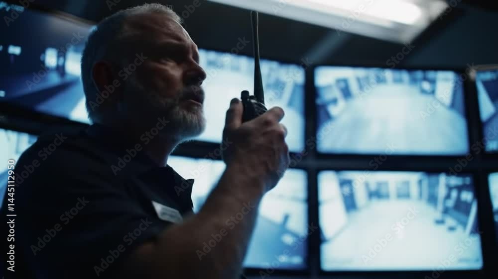 Man, walkie talkie or speaking with cctv monitor for protection, security service or building safety. Face, video surveillance agency or guard in control room with camera footage for crime at night