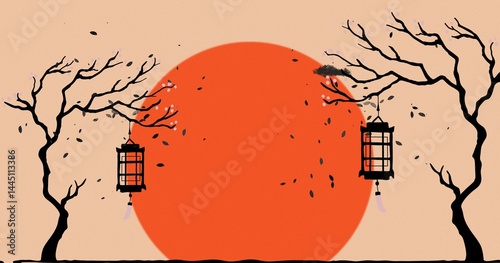 Fotografie Traditional Lanterns Hanging Under Flowering Trees with Evening Sunlit Horizon
f