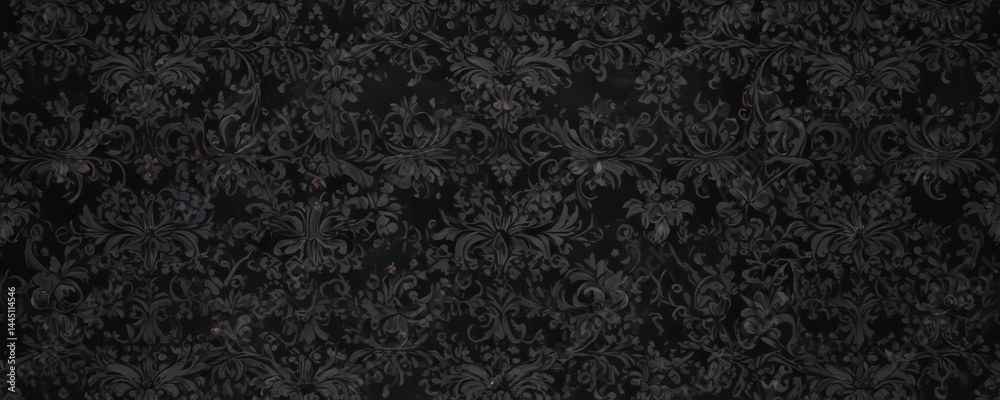 Elegant black gothic damask, intricate floral vines & scrolls, seamless repeat , gothic design, scroll, monochrome Elegant black gothic damask, intricate floral vines & scrolls, seamless repeat , gothic design, scroll, monochrome