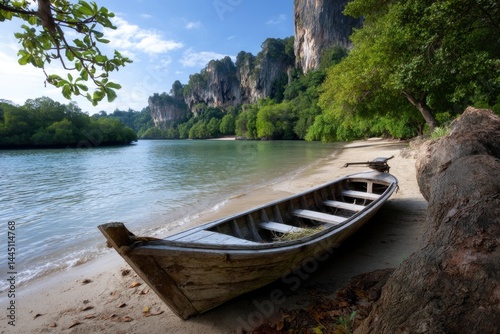 Wooden Boat on Sandy Beach with Cliffs and Trees