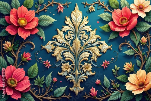 Intricate floral damask, swirling vines and leaves , scroll, wallpaper, embroidery