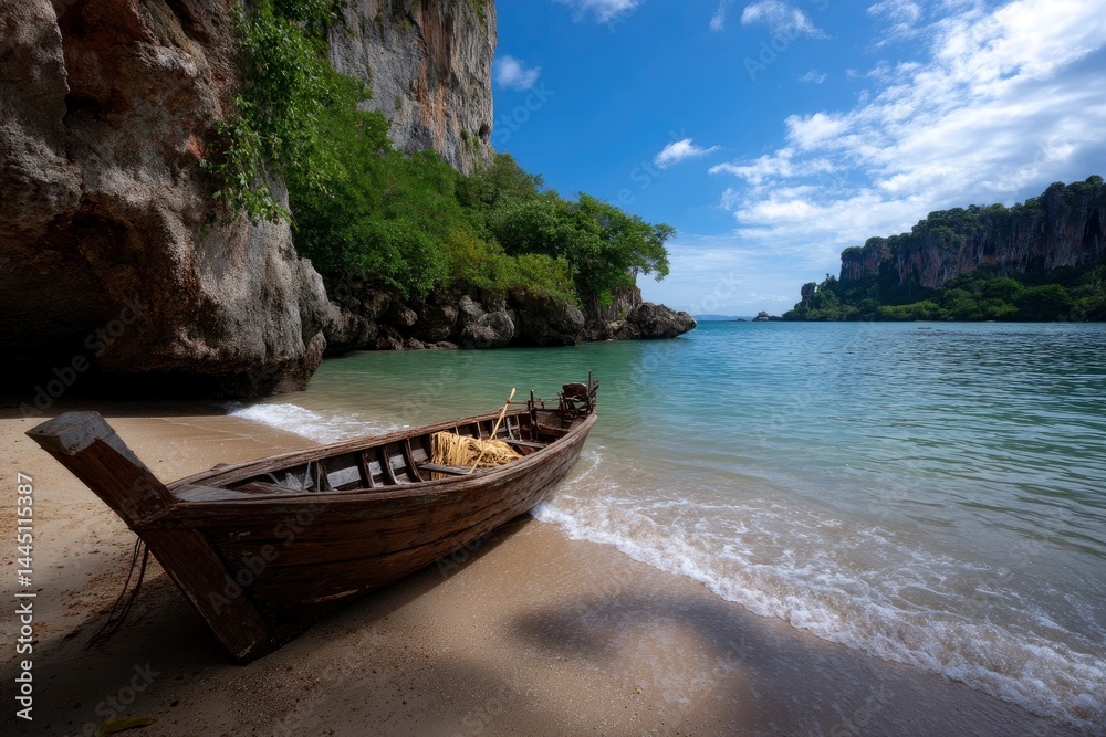 Obraz premium Wooden Boat on Sandy Beach with Cliffs and Blue Sky