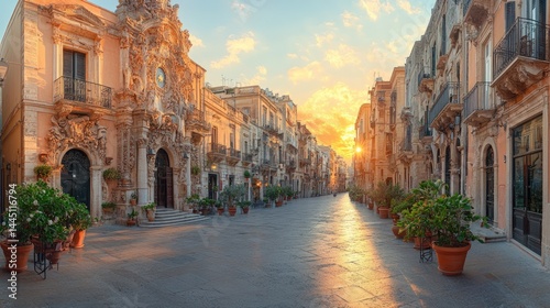 Sicilian baroque buildings bathed in golden light