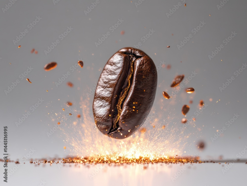Ultra close-up view of a single plump coffee bean falling on the ground with a powerful energy