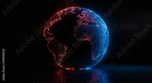 Digital Earth Globe Illuminated in Blue and Red Against Dark Background  
