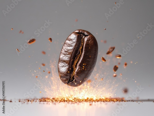 Obraz na płótnie Ultra close-up view of a single plump coffee bean falling on the ground with a powerful energy w salonie