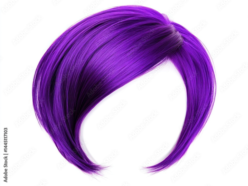 purple hair wig on a white background, haircut with a side part and a sleek style