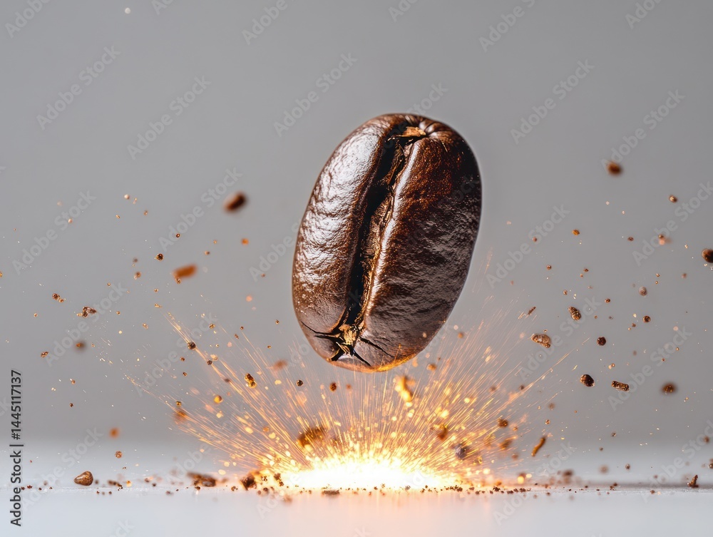 Ultra close-up view of a single plump coffee bean falling on the ground with a powerful energy