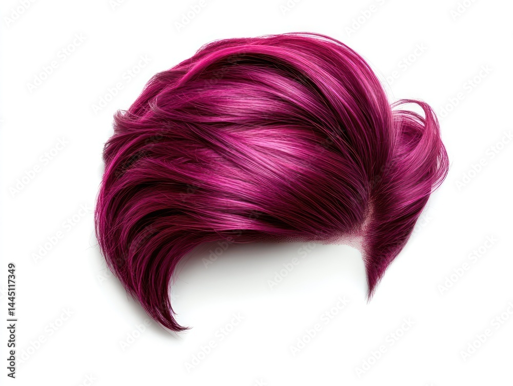 purple hair wig on a white background, haircut with a side part and a sleek style
